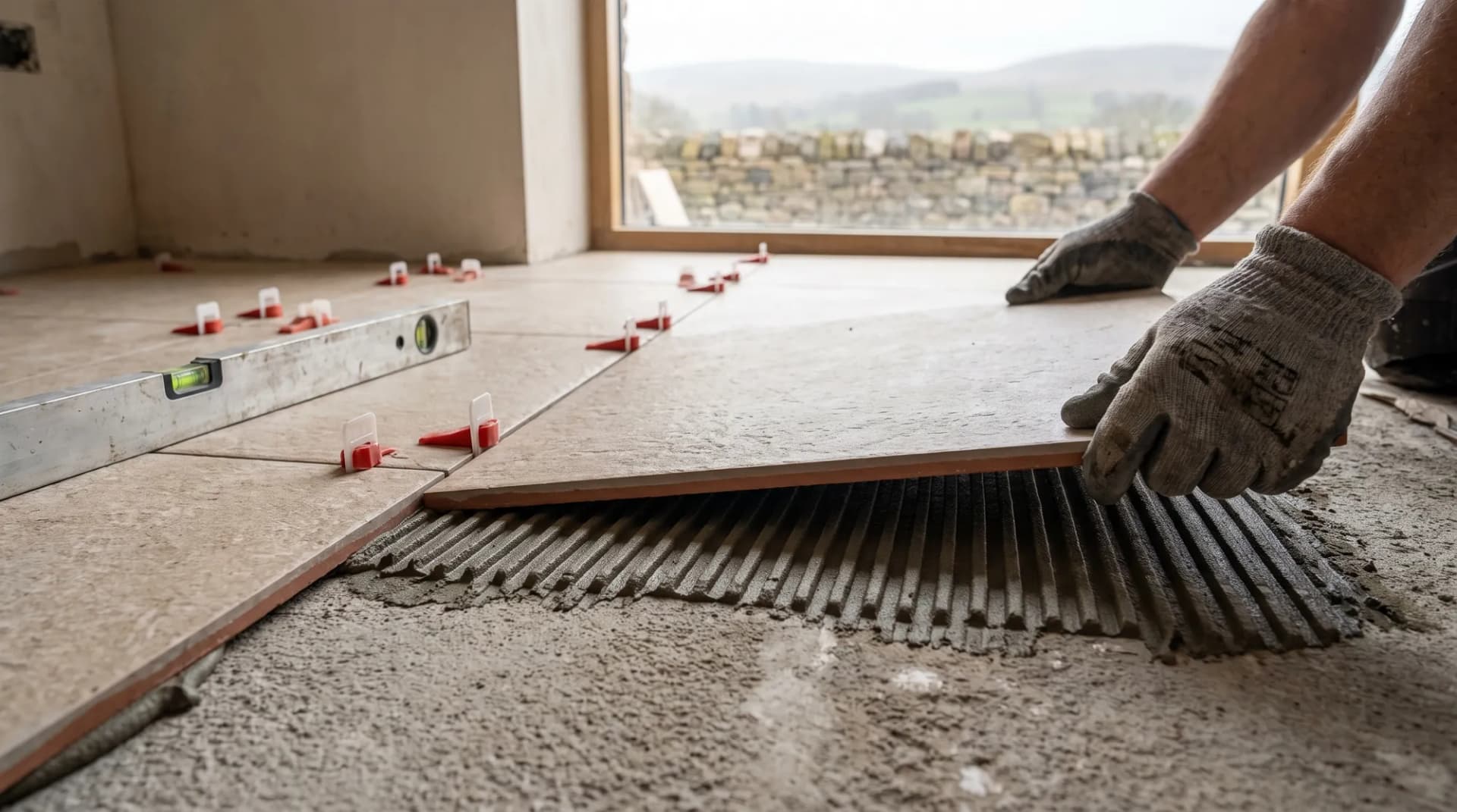 Pose d'un carrelage grand format sur mortier-colle
