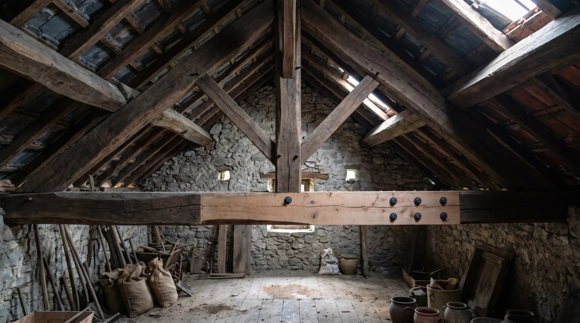 Charpente ancienne dans des combles en pierre