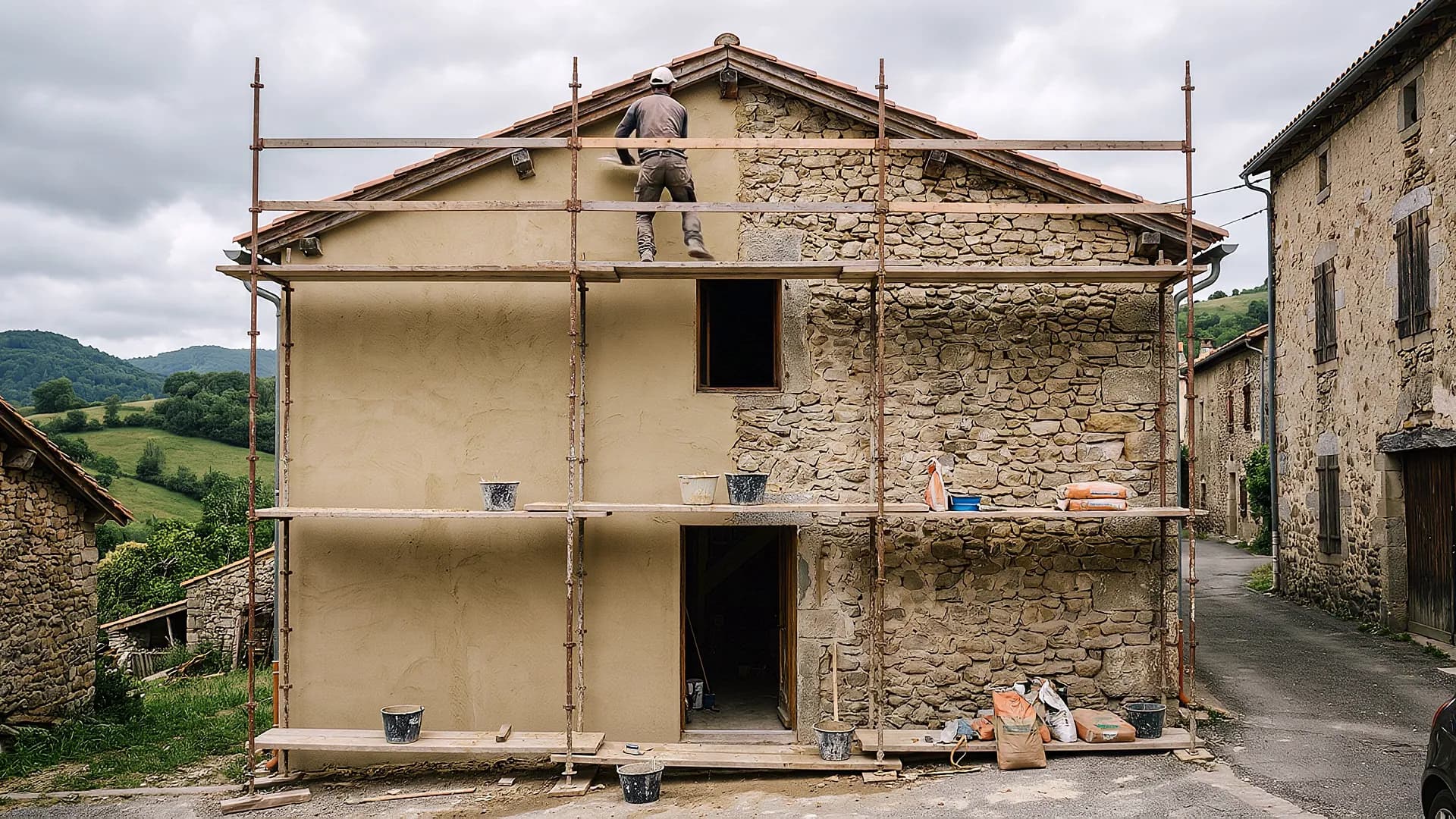 Façade en cours de ravalement depuis un échafaudage