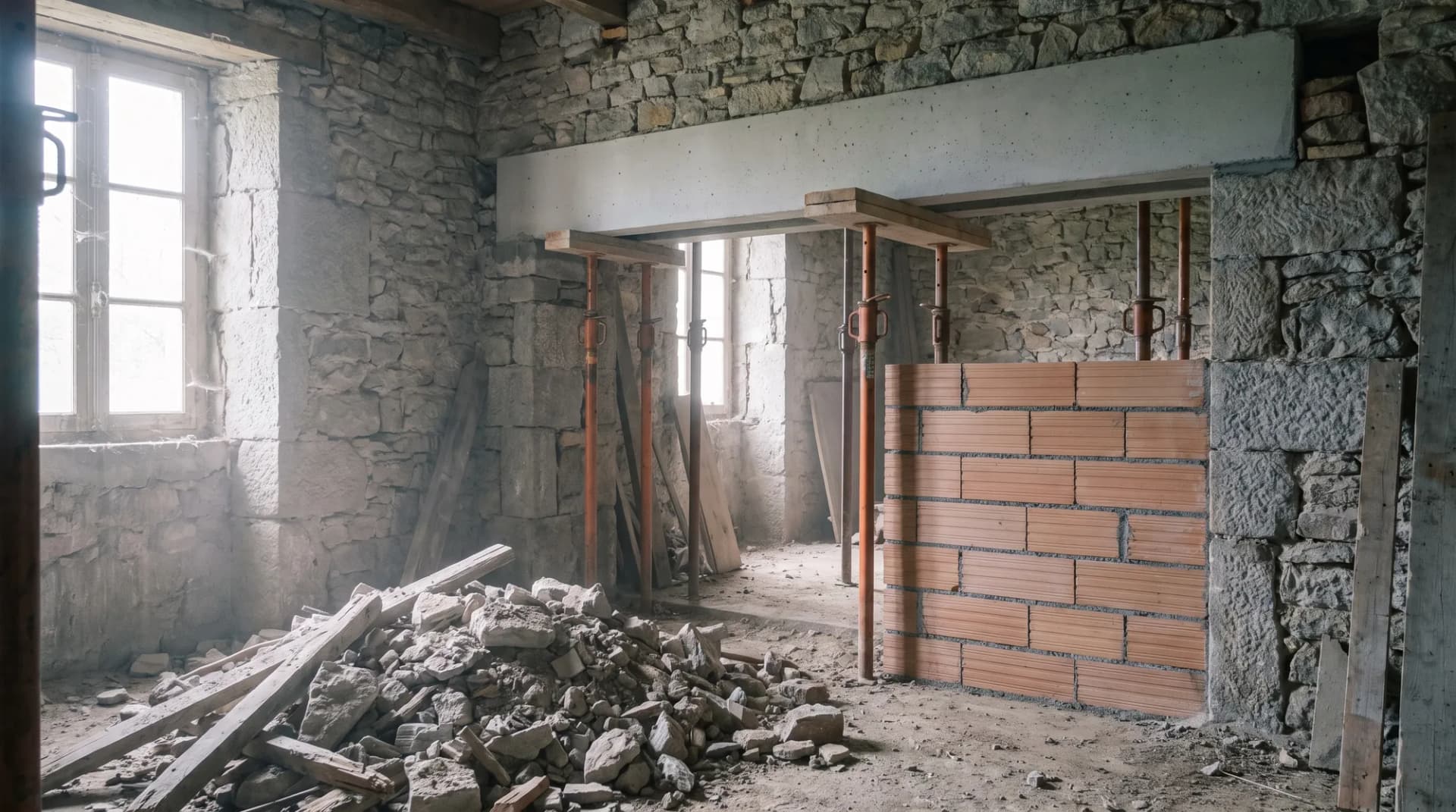 Ouverture créée dans un mur en pierre : linteau, étais et remplissage en brique