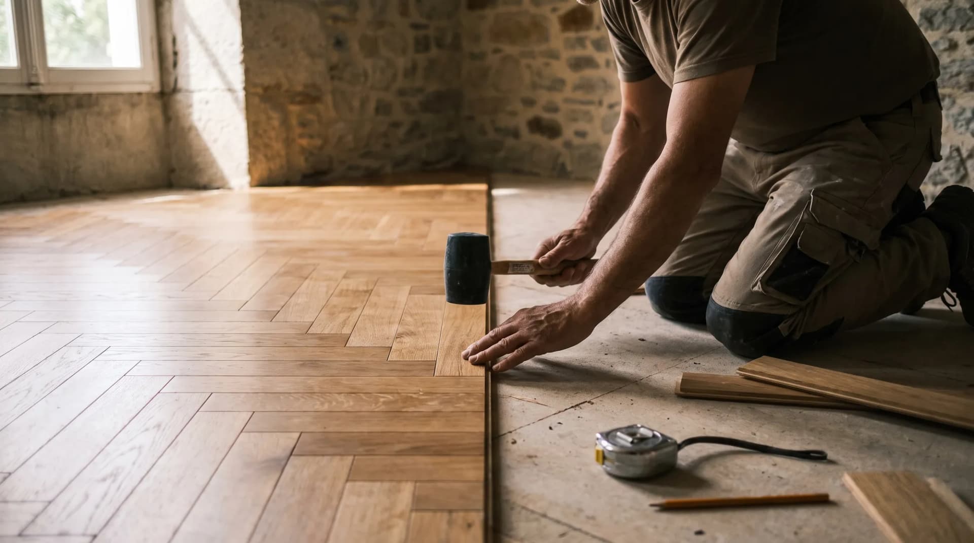 Pose d'un parquet en chêne à bâtons rompus