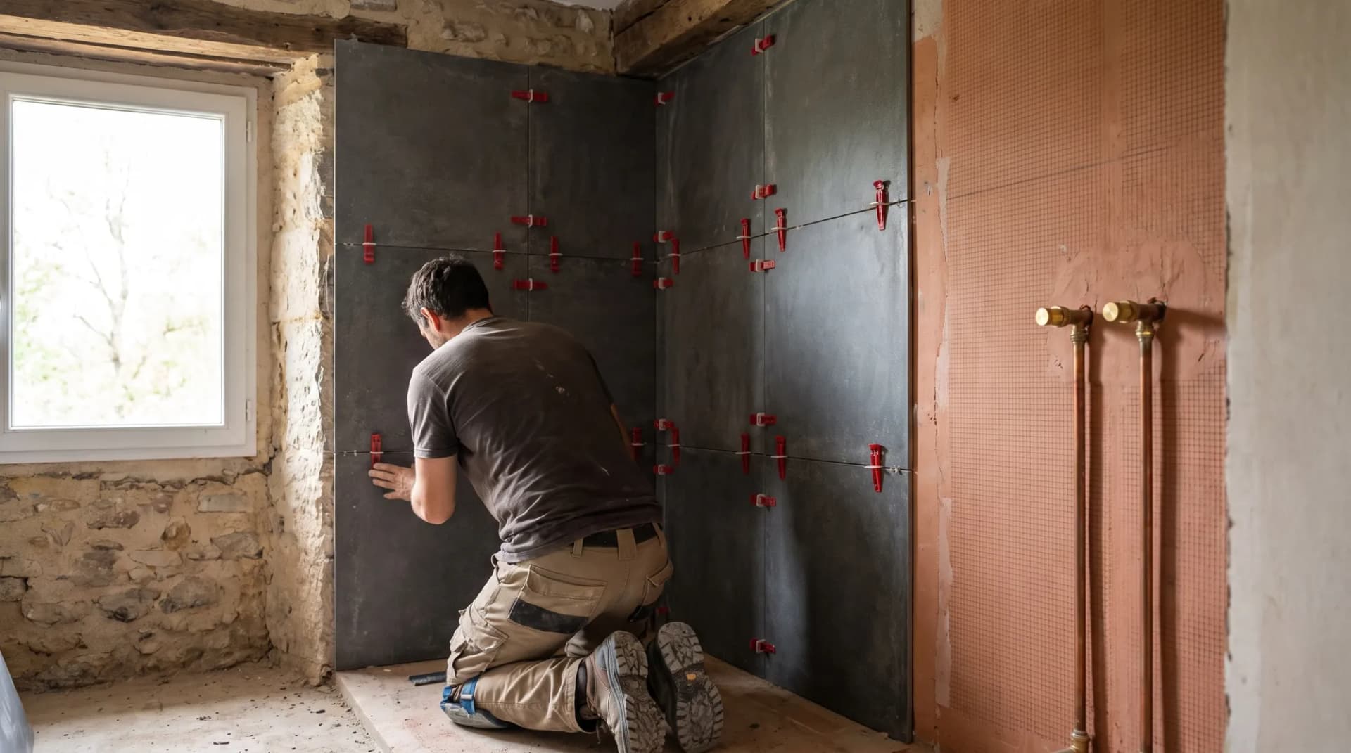 Pose de la faïence dans une douche en cours de rénovation