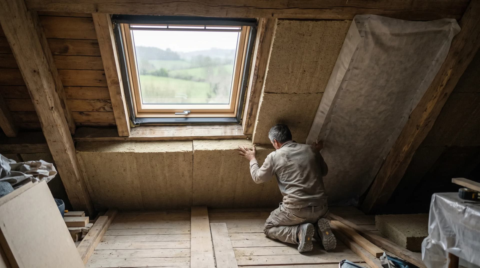 Pose d'un isolant en fibre de bois sous les rampants
