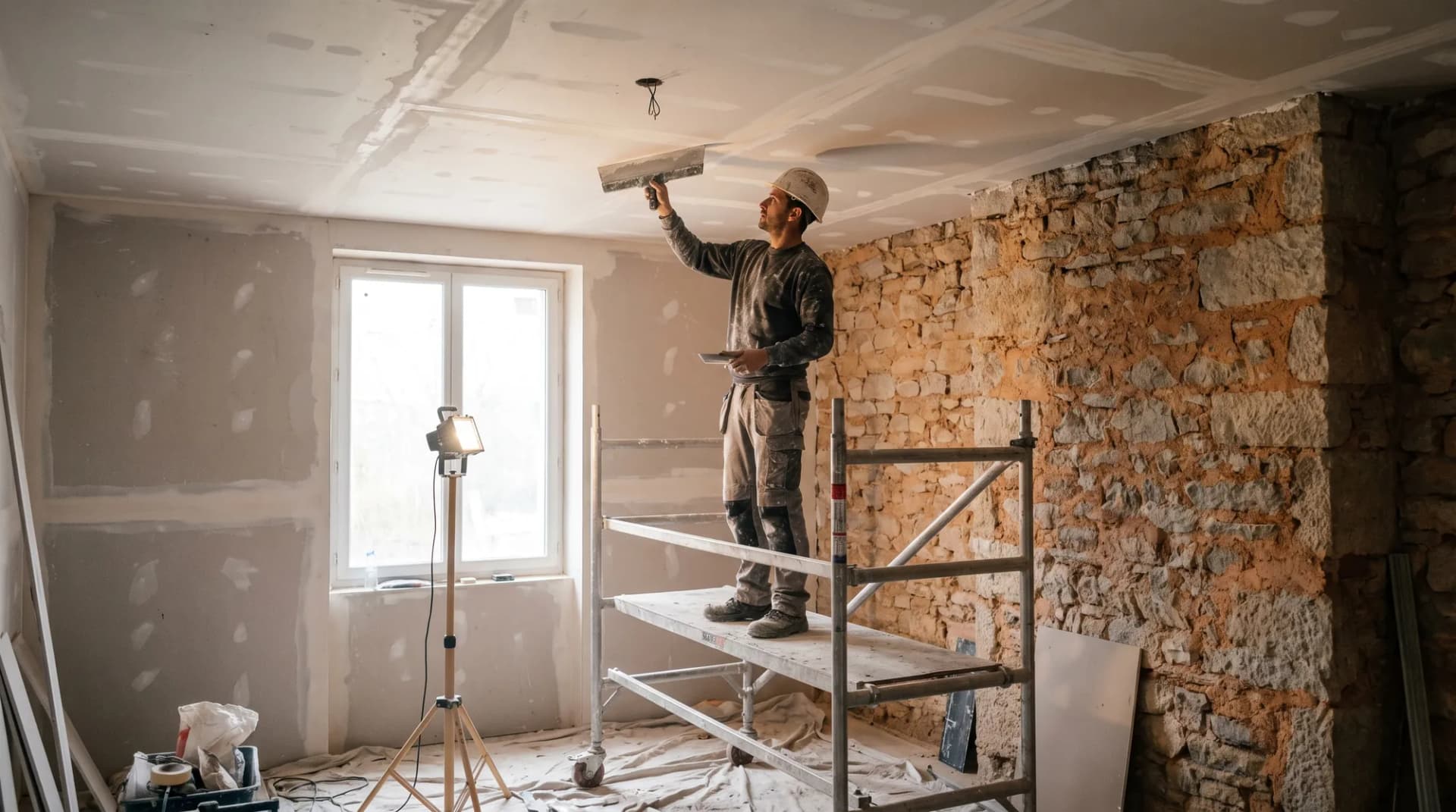 Finition des bandes d'un plafond en plaques de plâtre